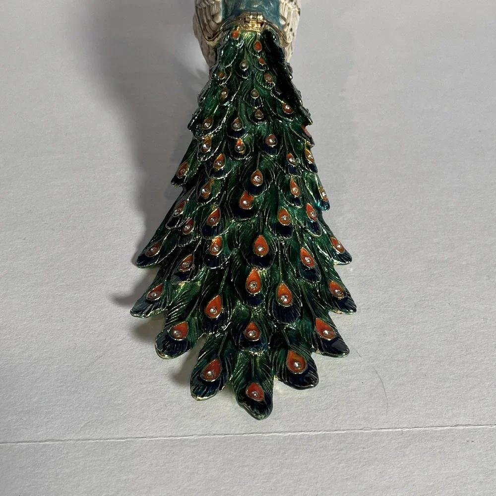 Peacock Enameled Metal Hinged Trinket Box w/ Austrian Crystals Figurine